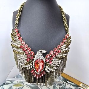 Betsey Johnson Eagle Gold Tone Pink & Clear Rhinestone Necklace Tassle Details
